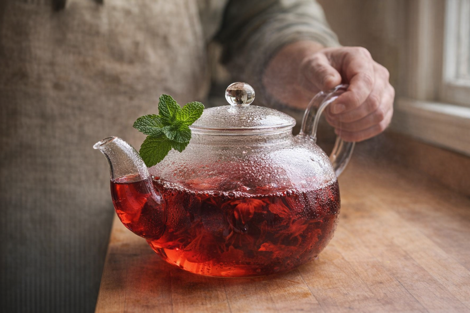 A glass teapot filled with vibrant red hibiscus tea, a sprig of mint garnishing the side, condensation on the glass, soft natural light